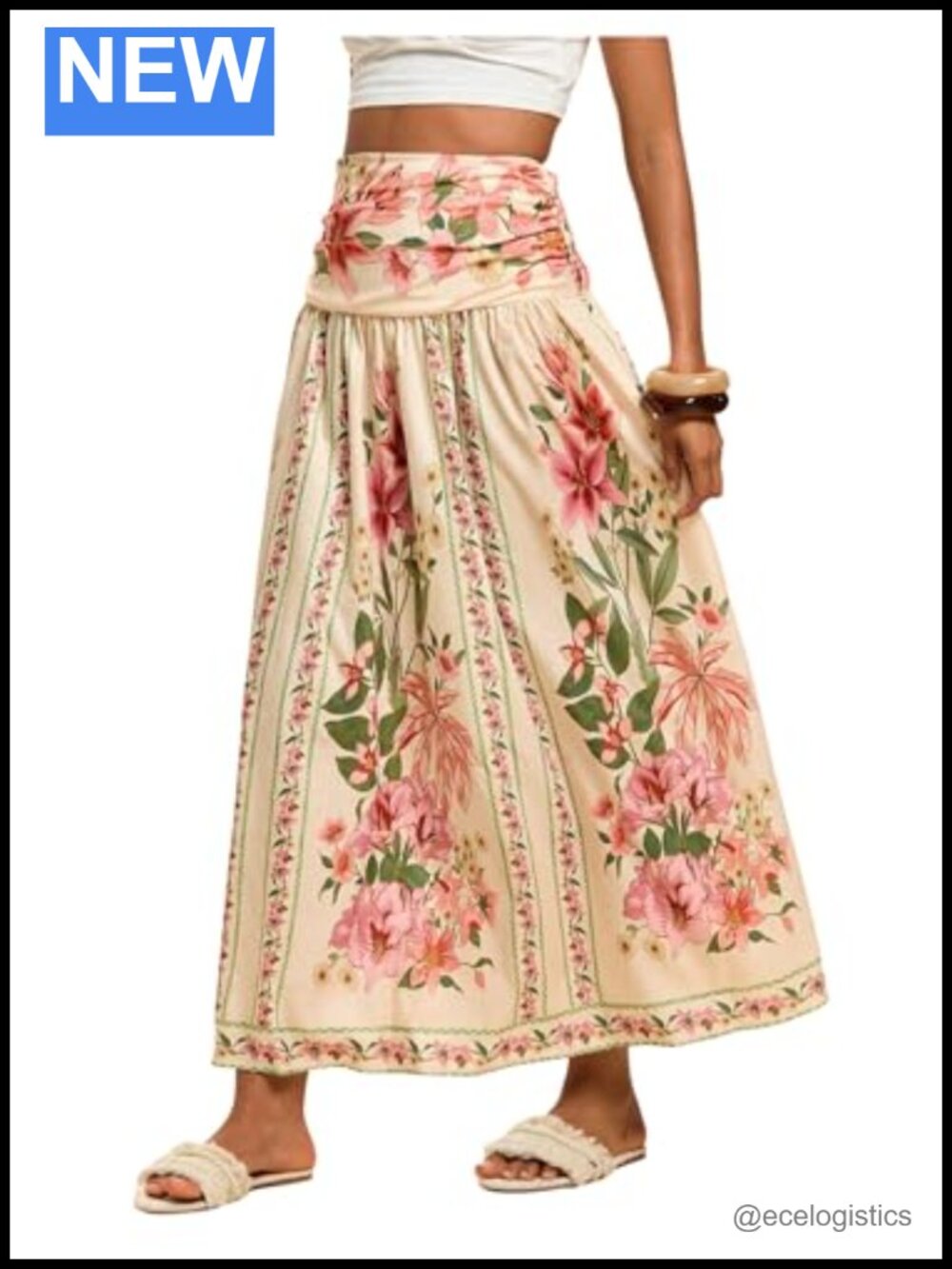 Boho Floral Flowy Maxi Skirt High Waisted A Line Beach Vacation